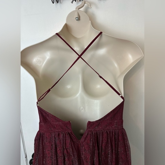 Burgundy Maxi Dress V-neck spaghetti straps pleated design with lace M #1525 - Picture 3 of 12